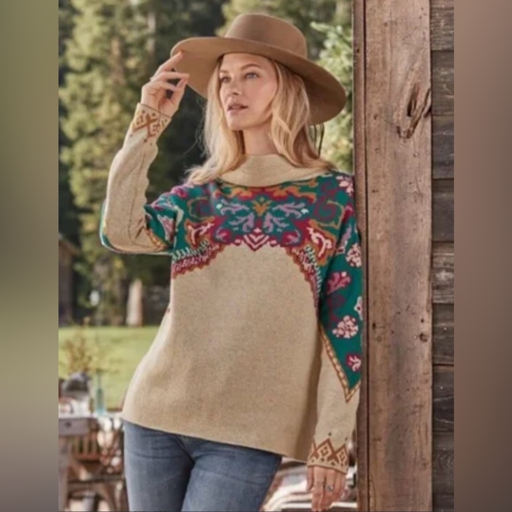 Sundance Cream and Teal Patterned Turtleneck Sweater